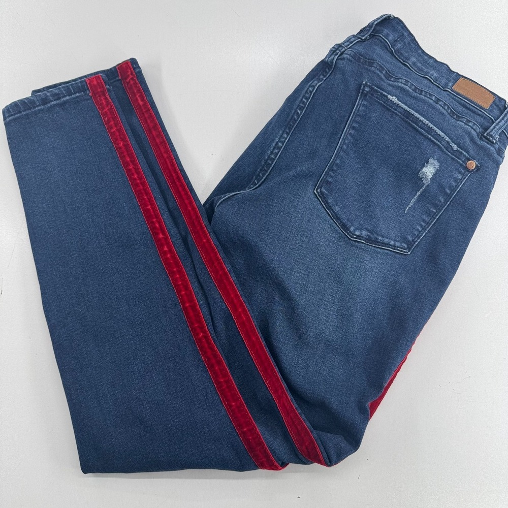 Judy Blue Skinny Fit Jeans WOMEN Blue Distressed Red Velvet Stripe SIZE 11 30x28
